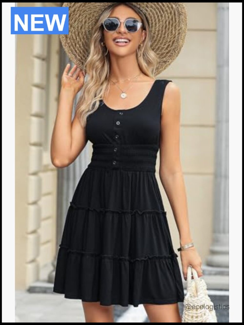 Sleeveless Button Down Smocked Empire Waist Ruffle Tiered Swing Mini Dress - Picture 2 of 7